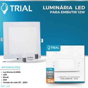 Luminária LED p/ Embutir 12W 6500K Quadrado