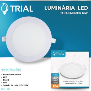 Luminária LED p/ Embutir 12W 6500K Redondo