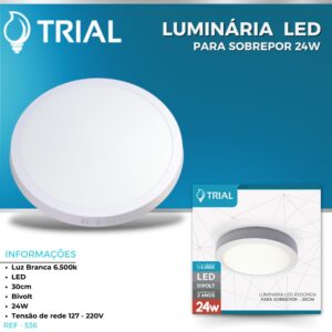 Luminária LED Sobrepor 24W 6500K Redonda