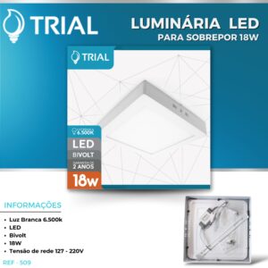 Luminária LED Sobrepor 18W 6500K Quadrado