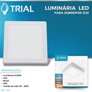 Luminária LED Sobrepor 12W 6500K Quadrado