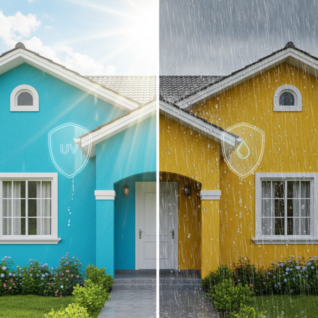 A imagem mostra a fachada de uma casa moderna de dois andares, pintada de um azul vibrante. A porta de entrada é de um vermelho intenso, e há janelas brancas no andar de cima e de baixo. Há um gramado verde e bem cuidado com flores coloridas em frente à casa, e o céu está claro e ensolarado. A imagem transmite uma sensação de proteção e durabilidade.
