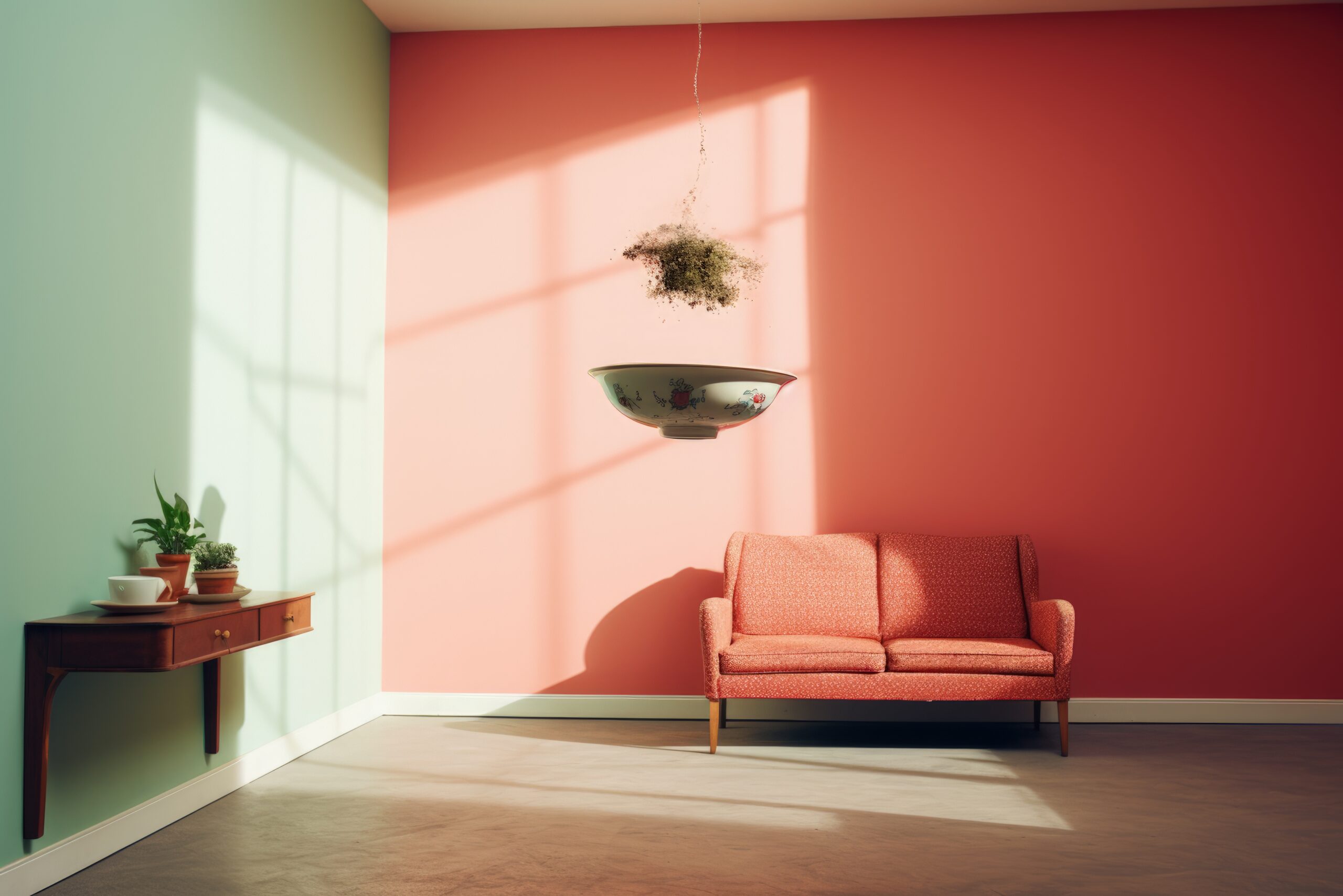 "Sala minimalista com paredes em dois tons — verde-claro e coral — decorada com sofá retrô alaranjado, mesa de canto com vasos de plantas e uma tigela suspensa no centro, iluminada por luz natural que entra pela janela."