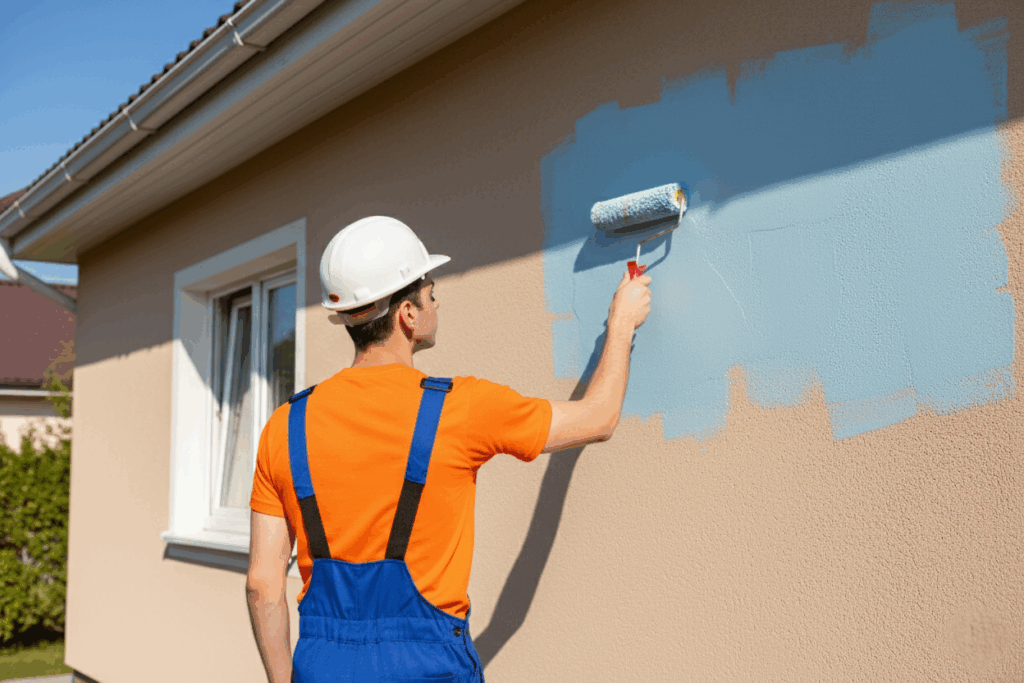 Um homem de costas está pintando a parede externa de uma casa com um rolo de pintura. Ele usa um capacete de segurança branco, uma camiseta laranja e um macacão de construção azul. O sol forte ilumina a cena, destacando a tinta azul que ele está aplicando na parede de cor bege.