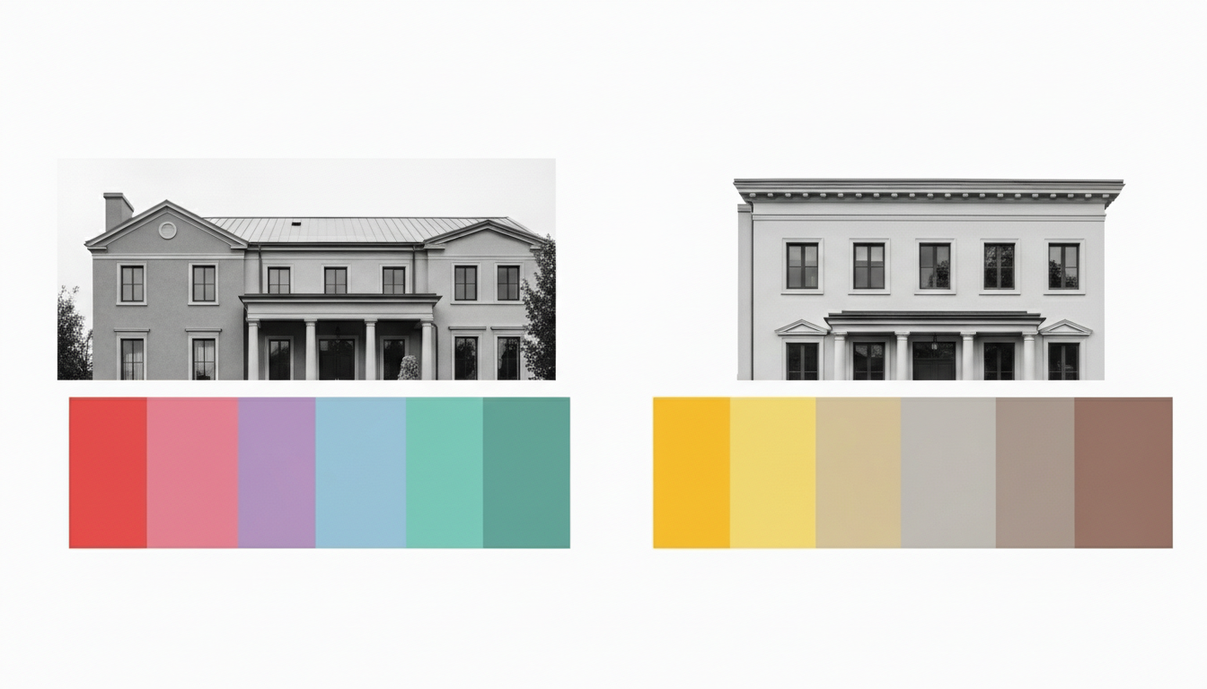 Comparativo de design de fachadas residenciais com sugestões de paletas de cores. À esquerda, uma casa clássica em tons de cinza acompanhada por uma paleta vibrante com vermelho, rosa, lilás e verde água. À direita, um edifício de linhas retas e simétricas com uma paleta de tons terrosos, incluindo amarelo, bege e marrom, ilustrando a psicologia das cores na arquitetura