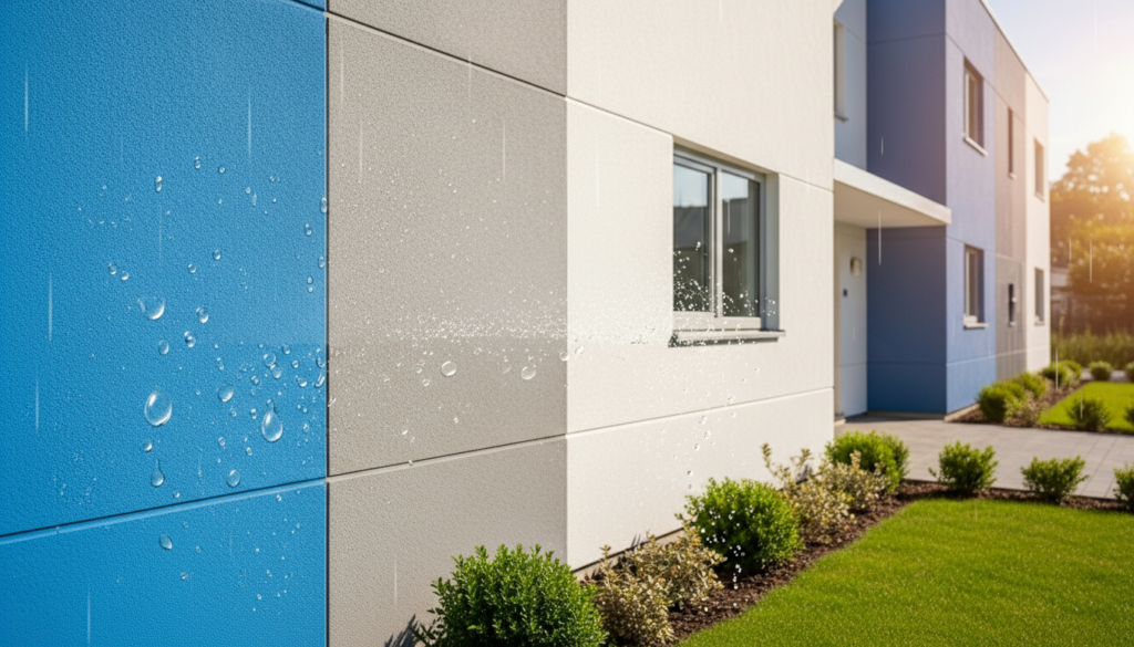 Demonstração de eficiência de um revestimento impermeabilizante em fachada moderna. Gotas de água da chuva escorrem e são repelidas por uma parede com textura azul e cinza, sem penetrar no material. A imagem ilustra a proteção contra infiltrações, umidade e o efeito hidrofugante em acabamentos externos de edifícios residenciais.